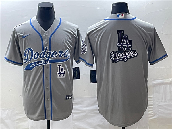 Men's Los Angeles Dodgers Gray Team Big Logo With Patch Cool Base Stitched Baseball Jersey